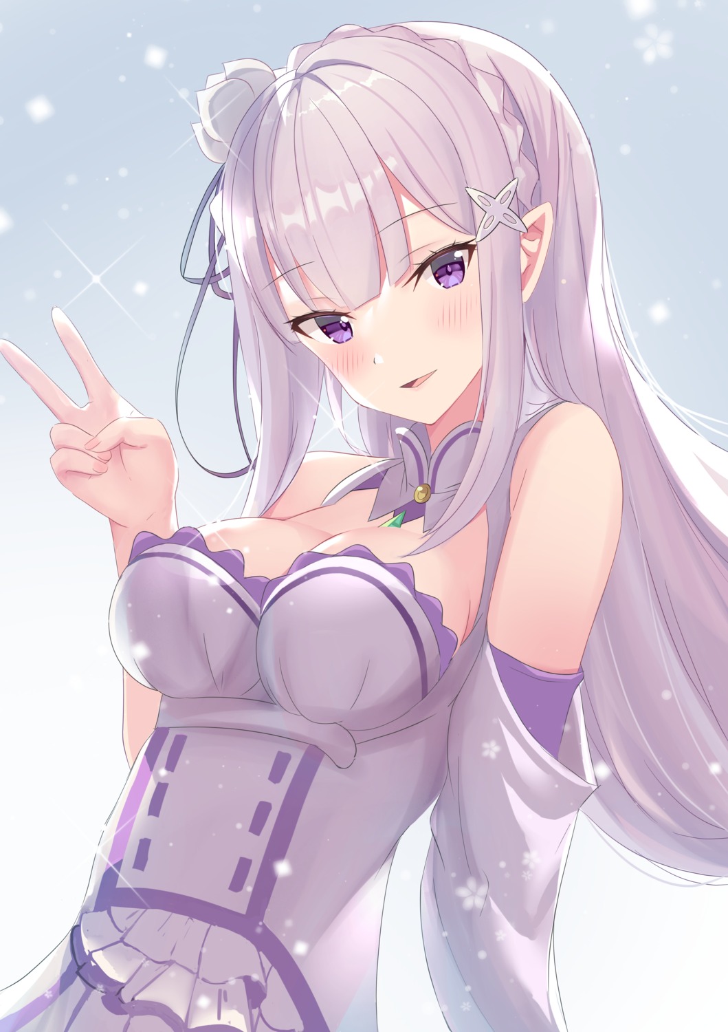 cleavage, dress, elf, emilia_(re_zero), no_bra, pointy_ears, re:zero_kara_hajimeru_isekai_seikatsu, rei_(ilust9999)