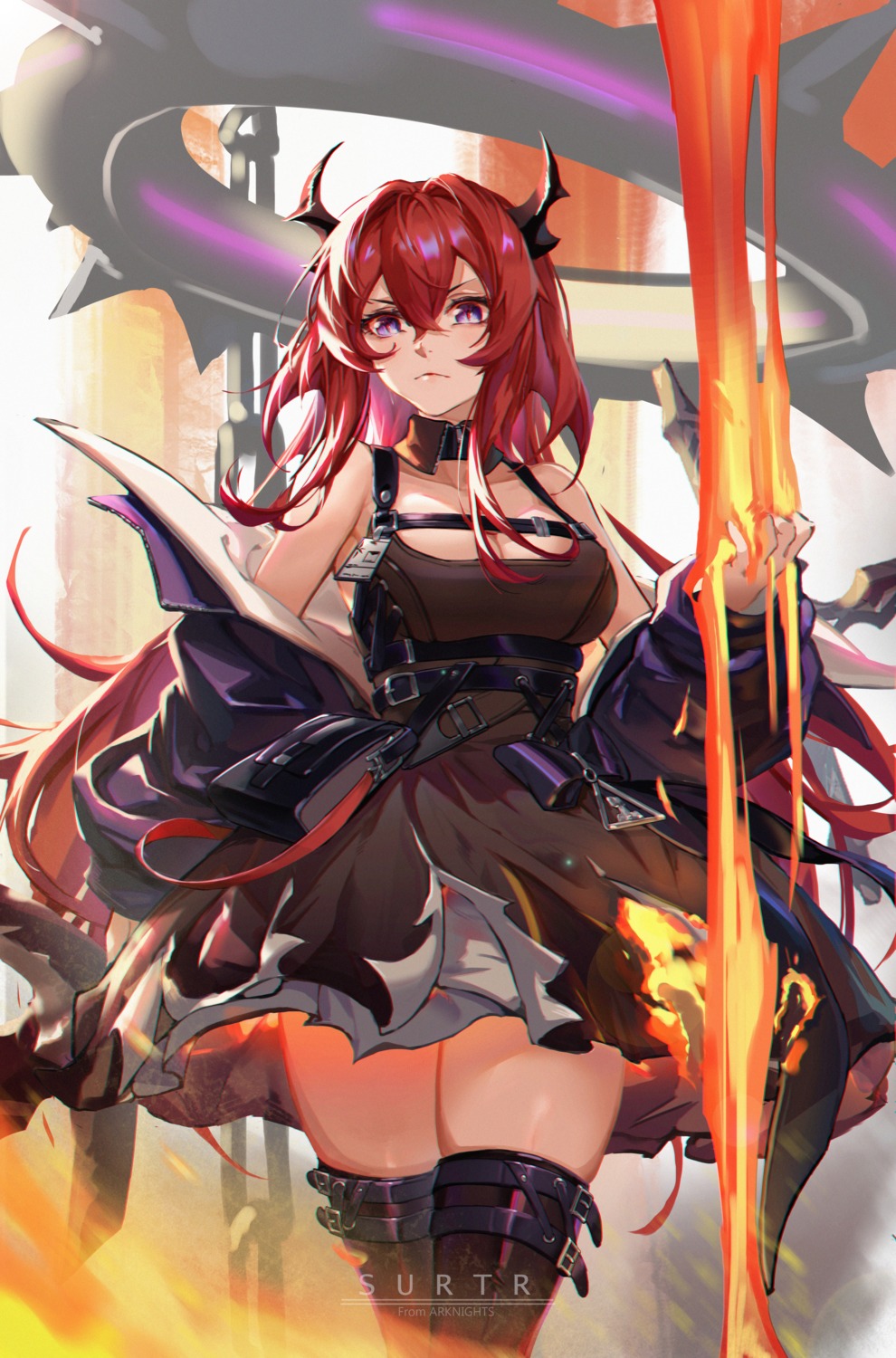 arknights, dress, garter, horns, r1zen, surtr_(arknights), thighhighs