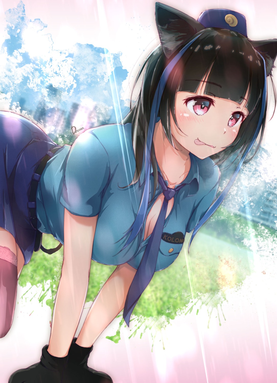 animal_ears, cleavage, dermar, kanojo_okarishimasu, open_shirt, police_uniform, thighhighs, yaemori_mini