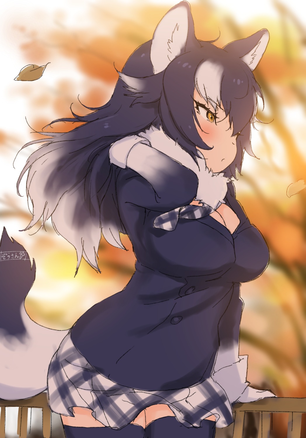 animal_ears, cleavage, grey_wolf, kemono_friends, seifuku, sketch, tagme, tail