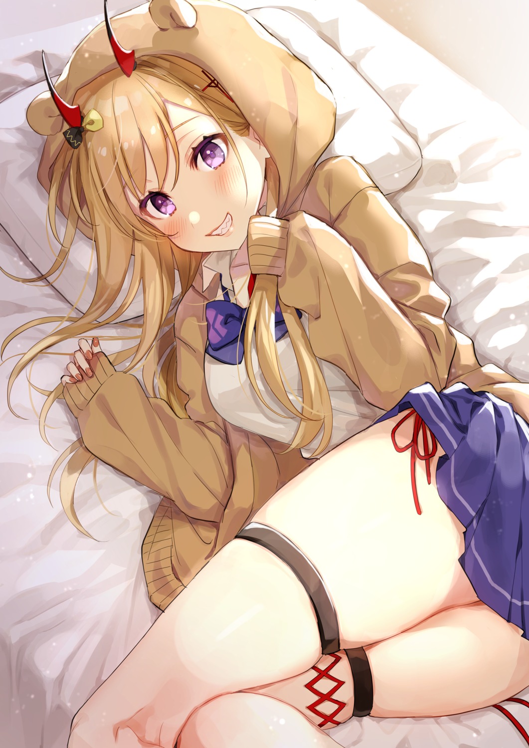 animal_ears, azur_lane, garter, horns, kumano_(azur_lane), omaru_(0marufestival), seifuku, skirt_lift