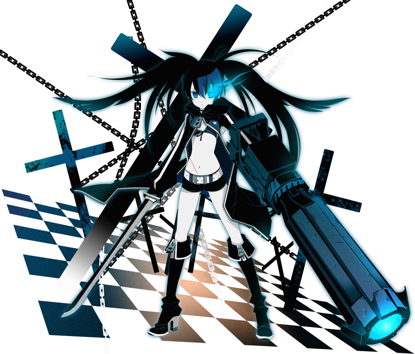 8055, black_rock_shooter, black_rock_shooter_(character), gun, sword, vocaloid