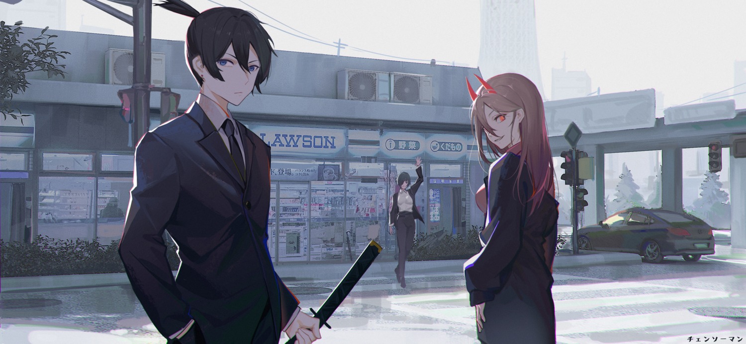 business_suit, chainsaw_man, hayakawa_aki, himeno_(chainsaw_man), horns, power_(chainsaw_man), sword, xtears_kitsune