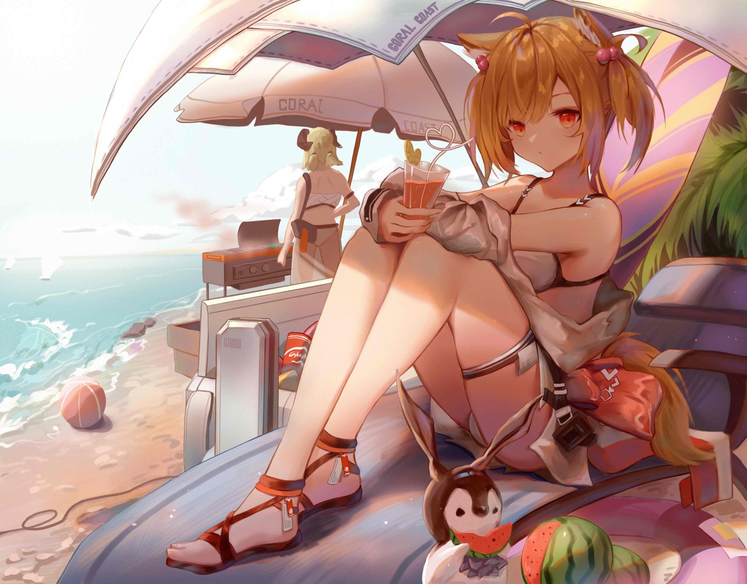 amiya_(arknights), animal_ears, arknights, ass, bikini, garter, horns, ifrit_(arknights)