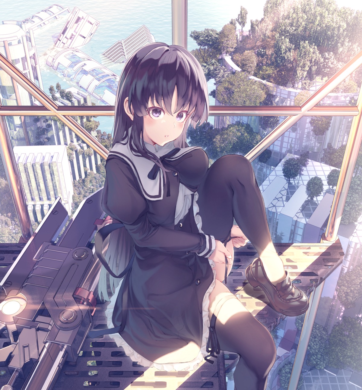 akausuko, gun, seifuku, skirt_lift, thighhighs