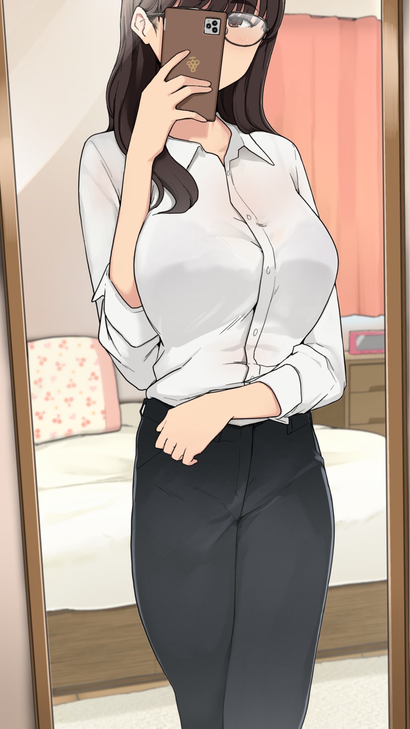bra, dress_shirt, megane, otayama, see_through, selfie