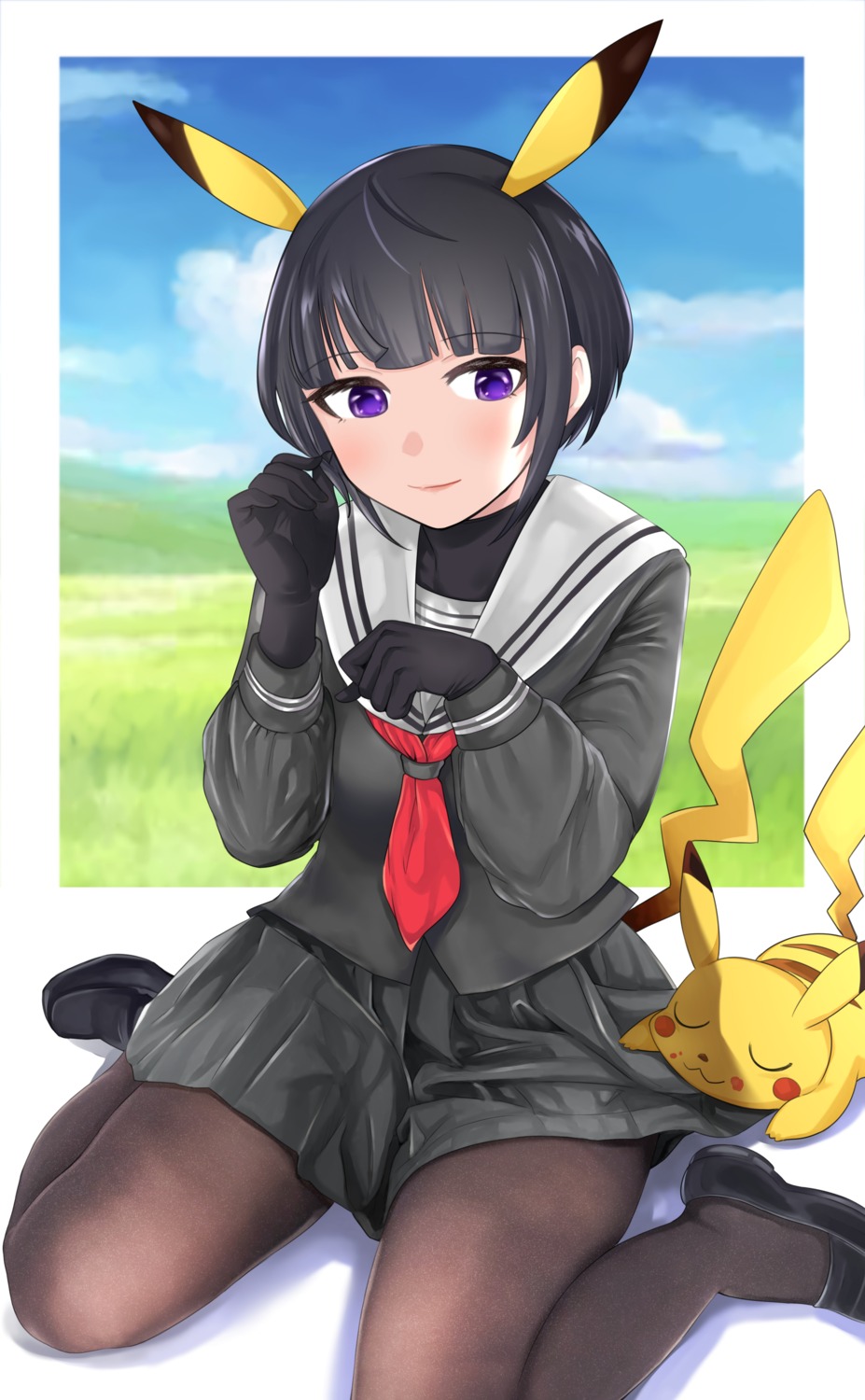 animal_ears, crossover, hanamasa_ono, pantyhose, pikachu, pokemon, seifuku, shirayuki_chiyo