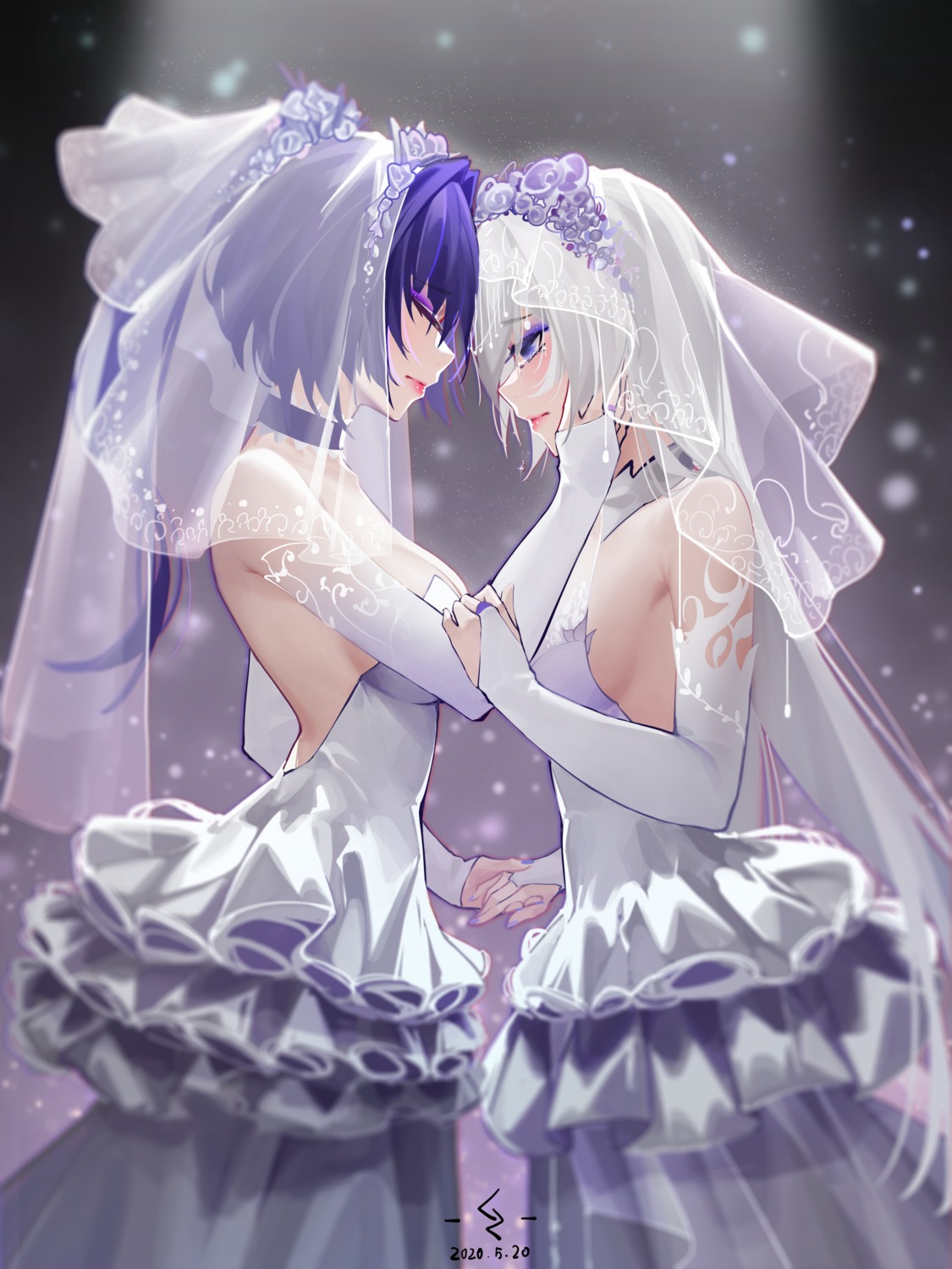 benghuai_xueyuan, cz_(mikumikumi), dress, honkai_impact, kiana_kaslana, no_bra, raiden_mei, wedding_dress, yuri