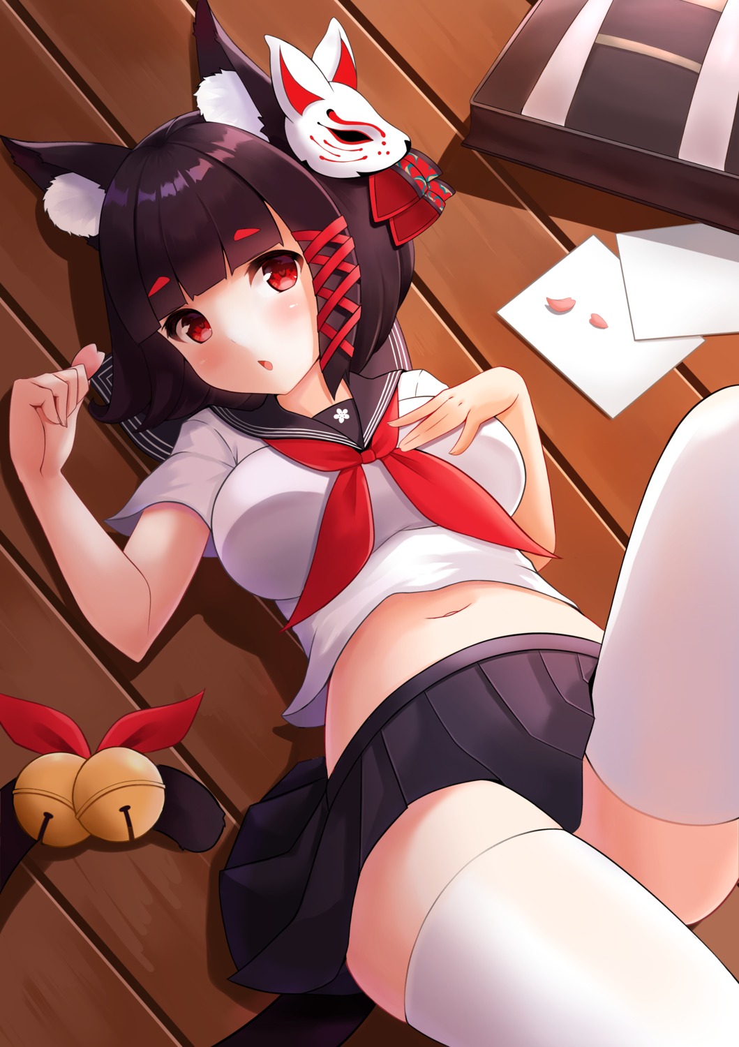 animal_ears, azur_lane, nyanyang, seifuku, skirt_lift, tail, thighhighs, yamashiro_(azur_lane)