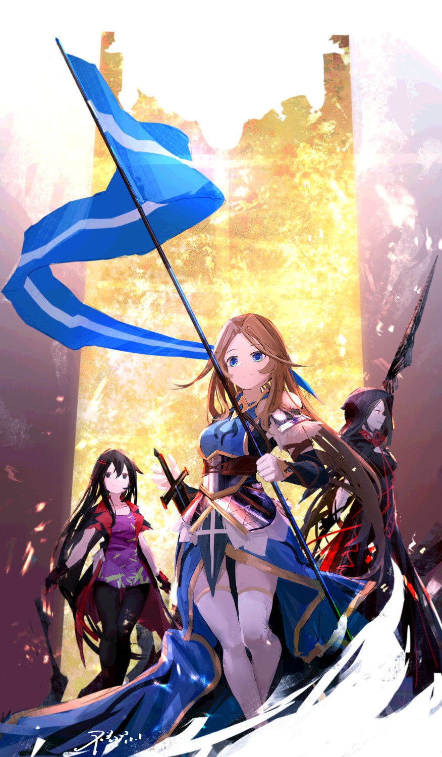 armor, black_poi, pantyhose, sword, thighhighs, weapon