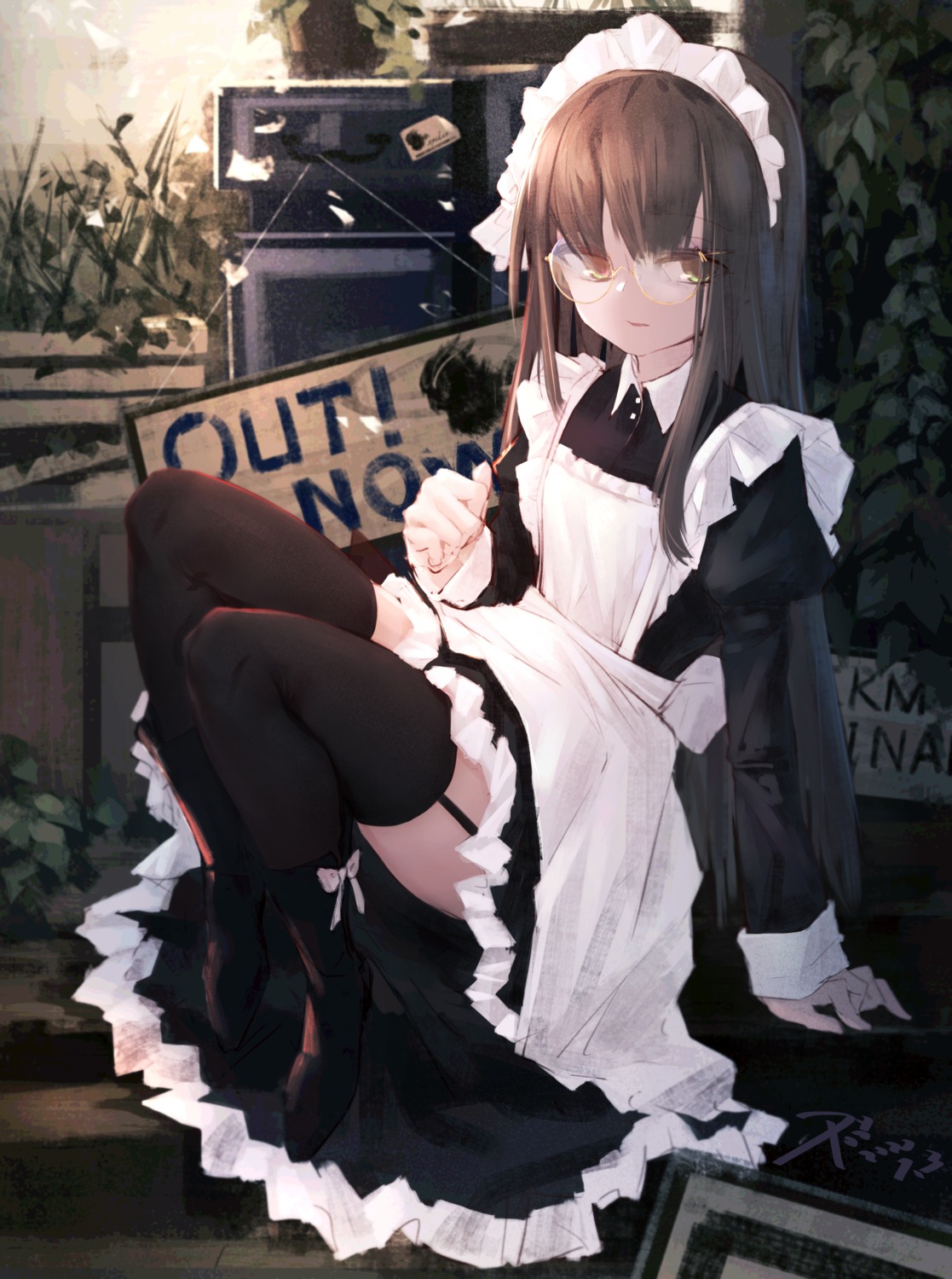 black_poi, maid, megane, skirt_lift, stockings, thighhighs