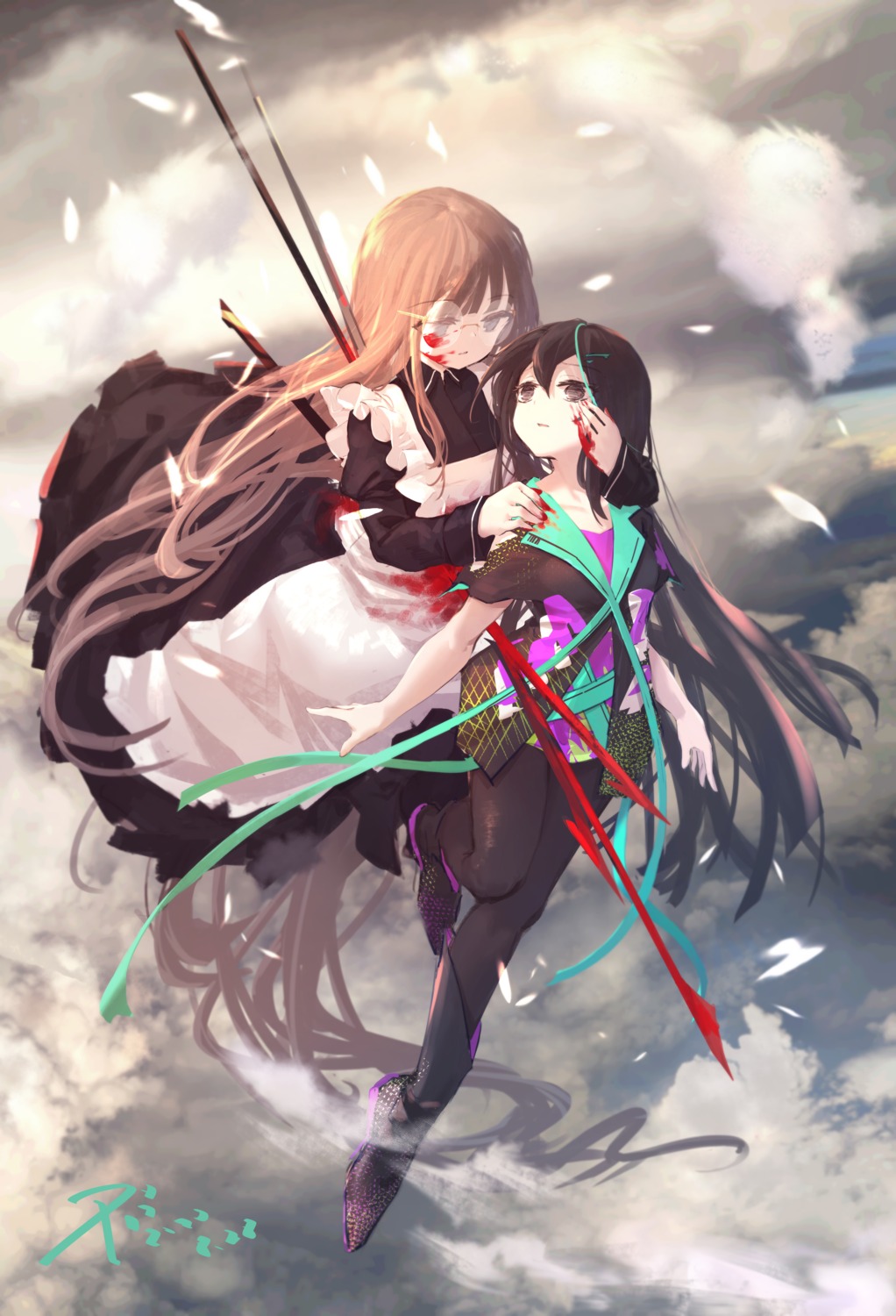 black_poi, blood, maid, megane, pantyhose, weapon, yuri