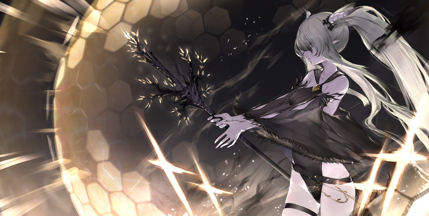 aizawa_masaya, arknights, garter, horns, leotard, pointy_ears, see_through, shining_(arknights)
