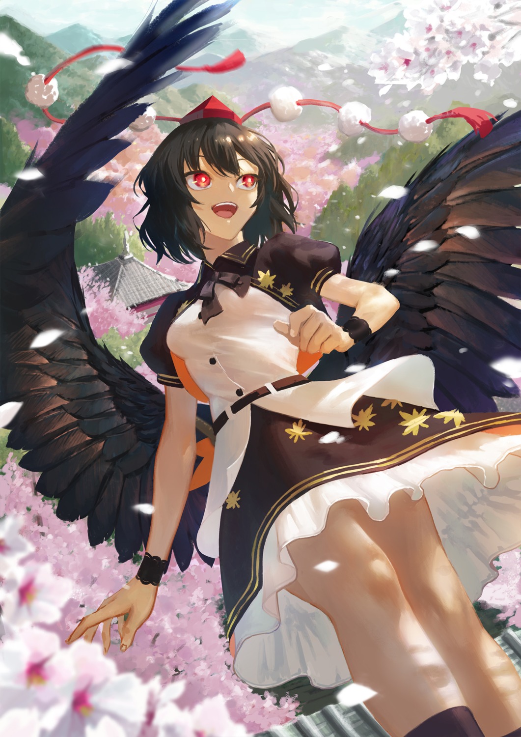 sanwood_mori, shameimaru_aya, skirt_lift, touhou, wings