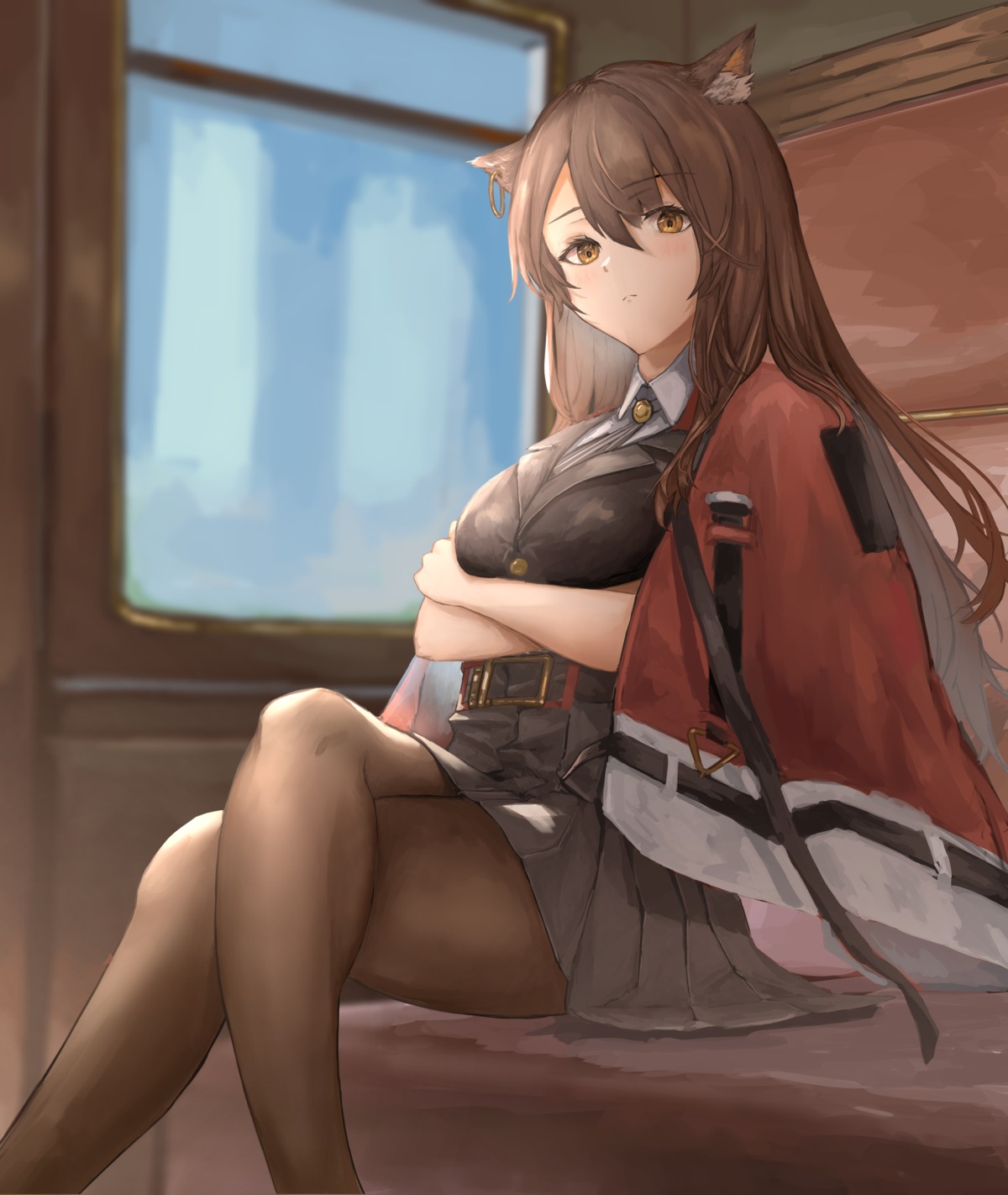 animal_ears, arknights, breast_hold, nekomimi, pantyhose, skirt_lift, skyfire_(arknights), uniform