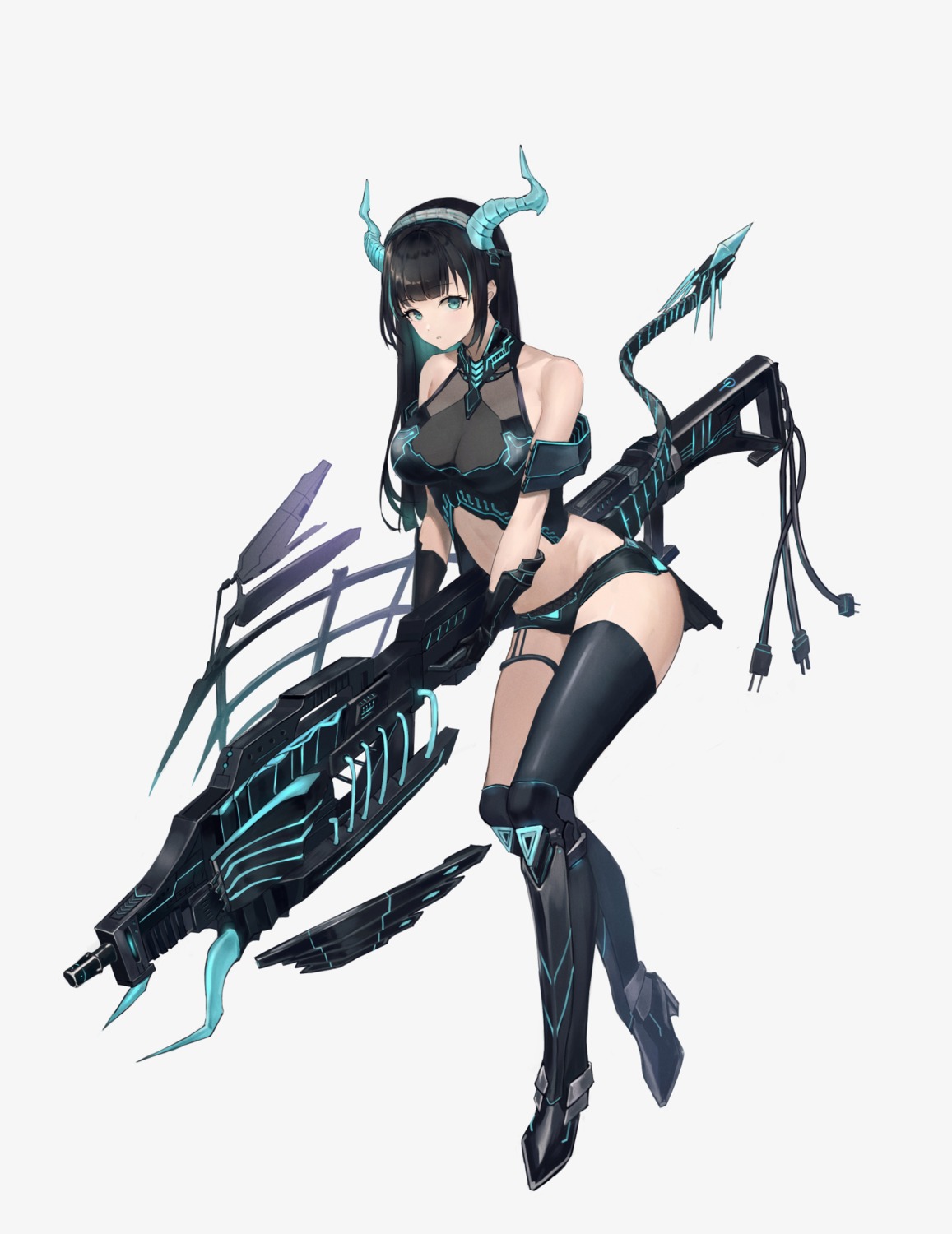 garter, heels, horns, ritta_(abmnoworld), tail, thighhighs, weapon
