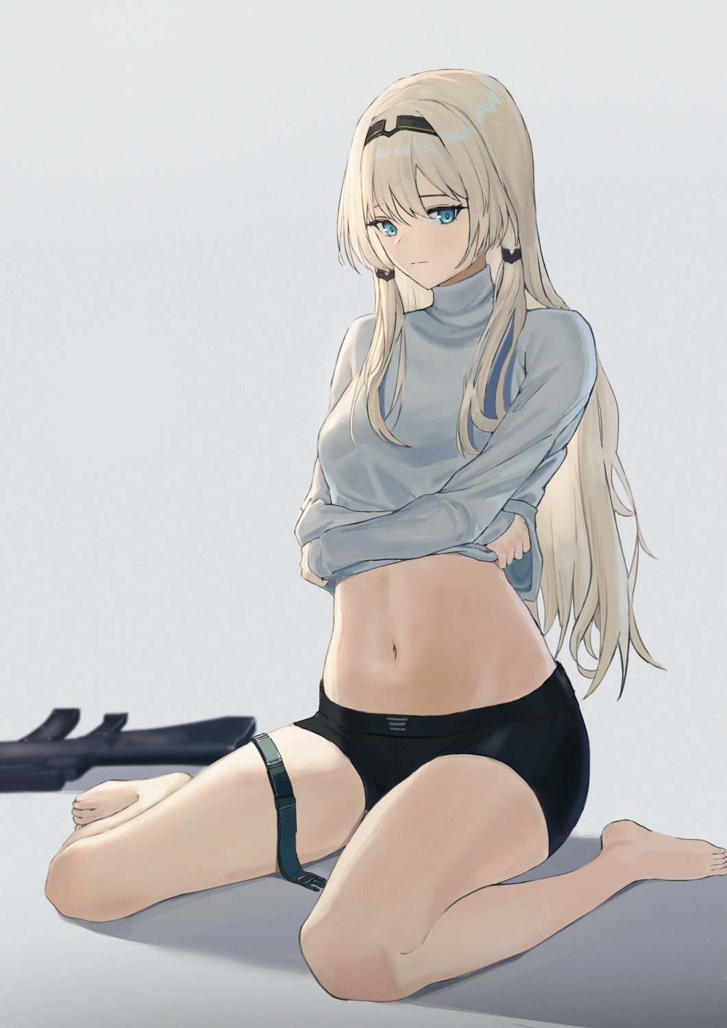 an-94_(girls_frontline), girls_frontline, gun, ritta_(abmnoworld), shirt_lift, sweater, undressing