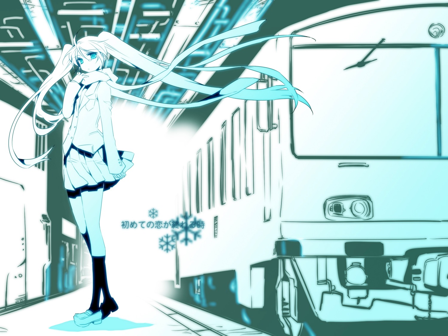 hajimete_no_koi_ga_owaru_toki_(vocaloid), hatsune_miku, manle, monochrome, vocaloid, wallpaper