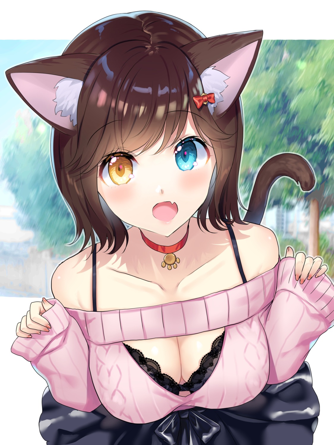 animal_ears, bra, cleavage, hanasaki_mahiru, heterochromia, nekomimi, sweater, tail