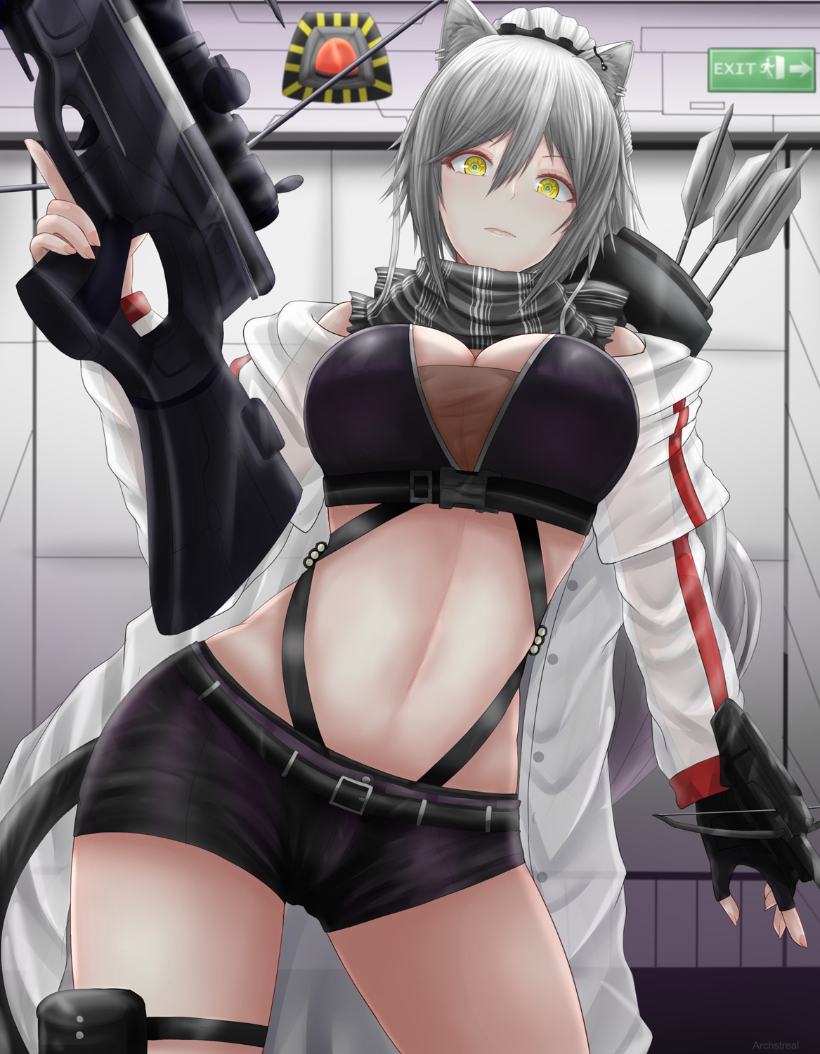 animal_ears, archstreal, arknights, garter, gun, open_shirt, schwarz_(arknights), see_through