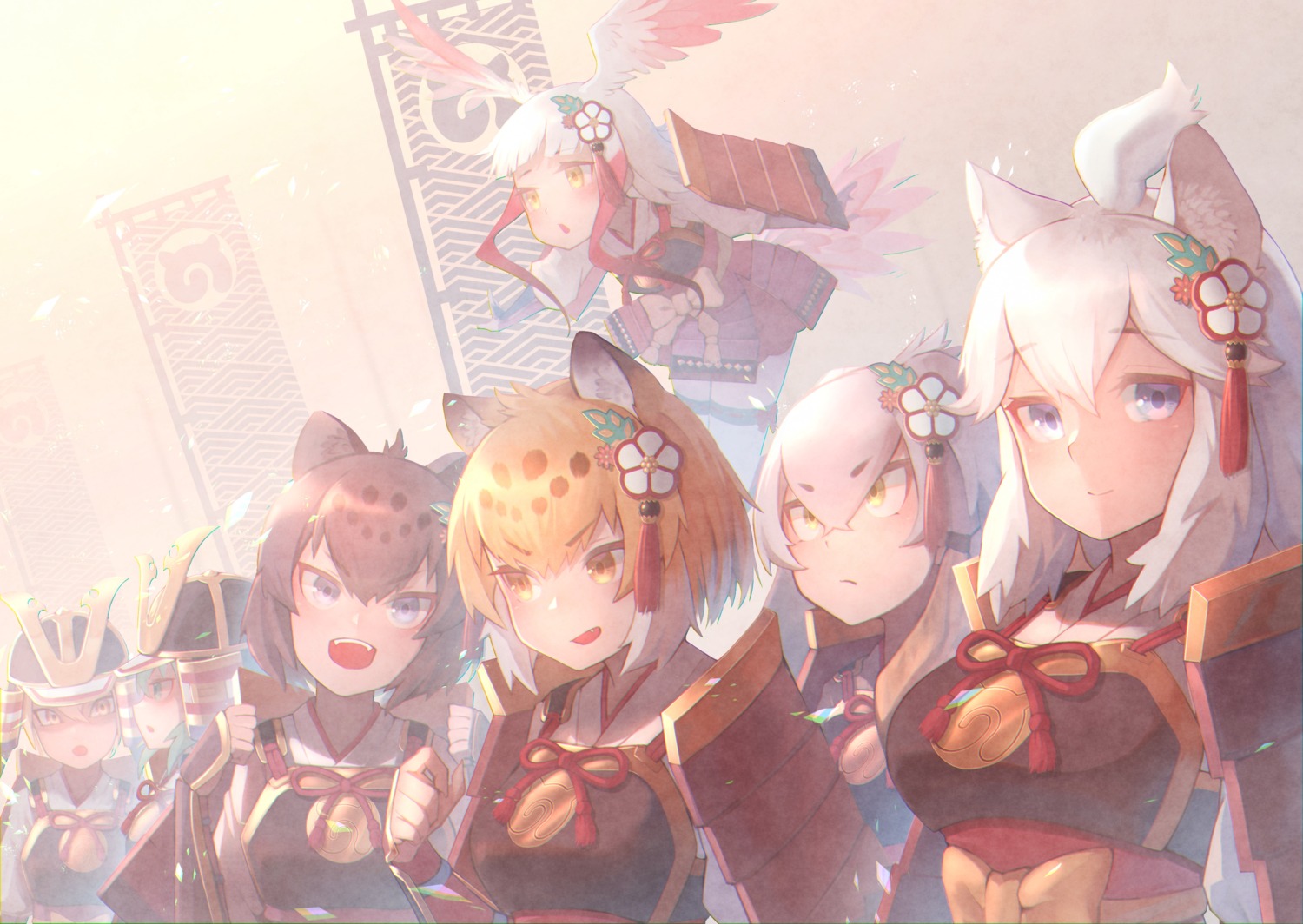 animal_ears, armor, black_jaguar, crested_ibis, jaguar_(kemono_friends), japanese_clothes, kemono_friends, king_cobra