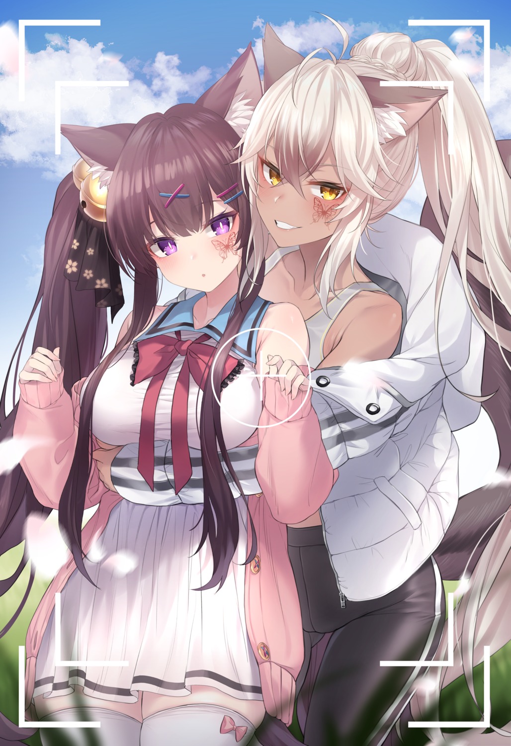 animal_ears, gym_uniform, jingo, nekomimi, open_shirt, seifuku, sul-lin-a, sweater, tail, tattoo, thighhighs