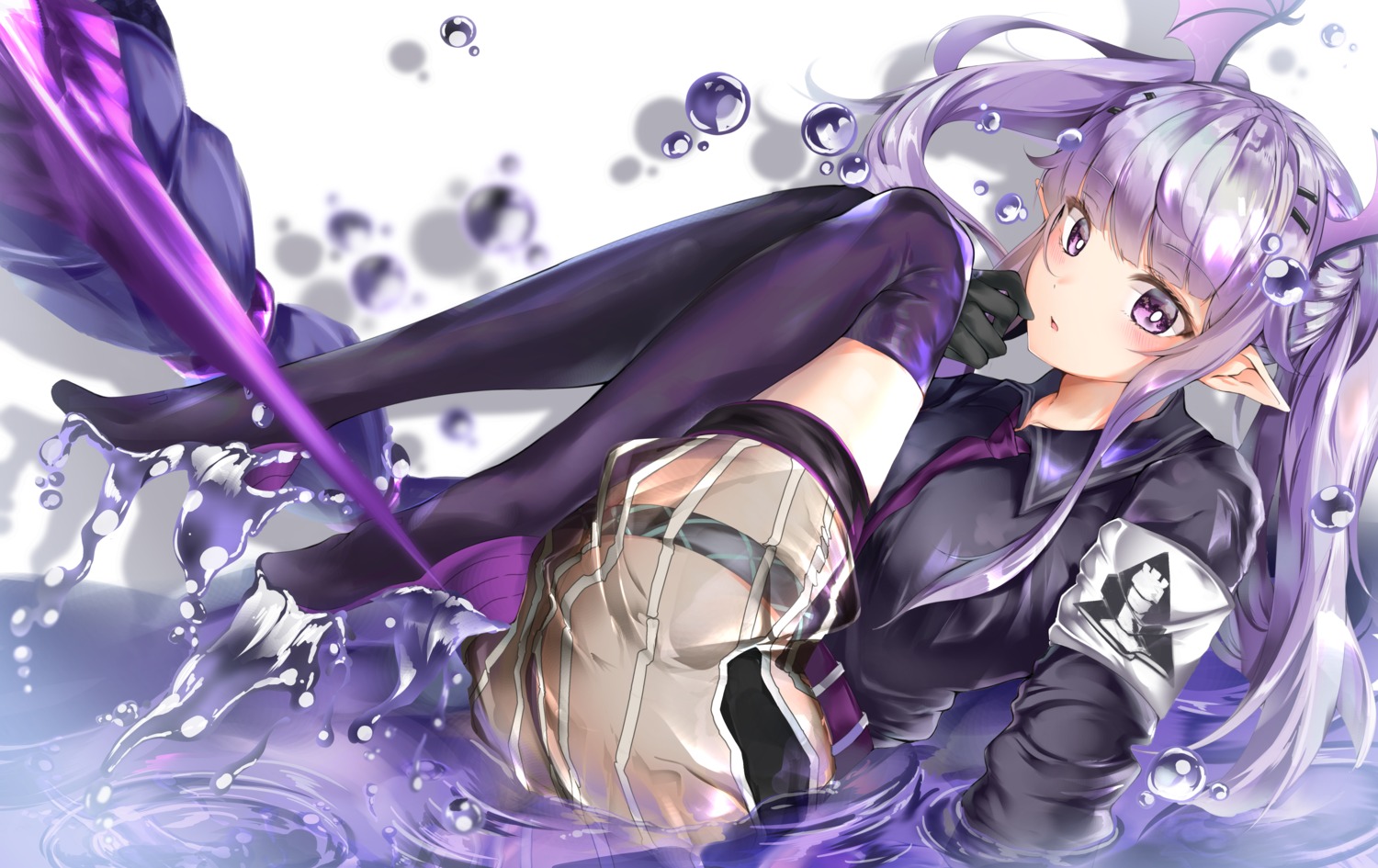arknights, garter, manticore_(arknights), mika_uni, pointy_ears, see_through, thighhighs, wet