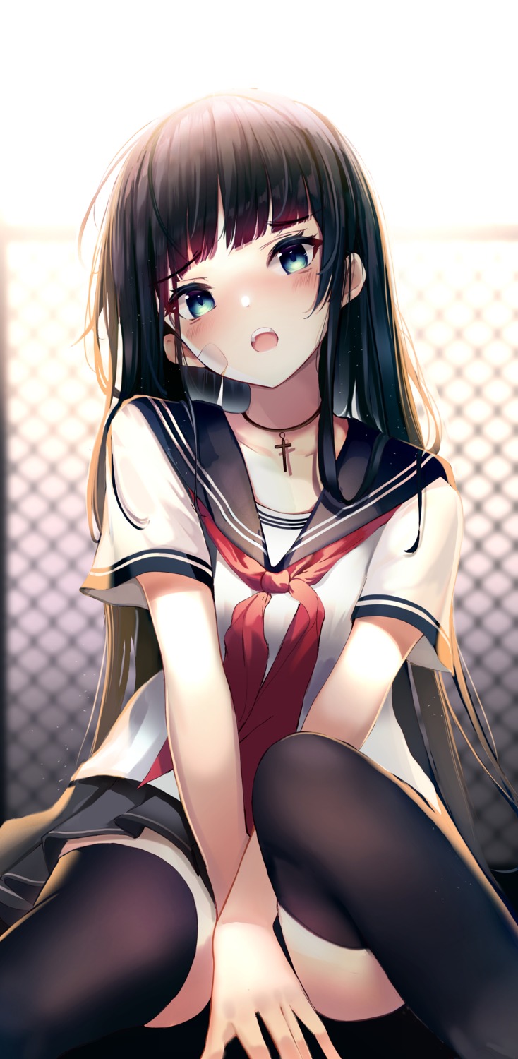 ahr_tato, bandaid, seifuku, skirt_lift, thighhighs