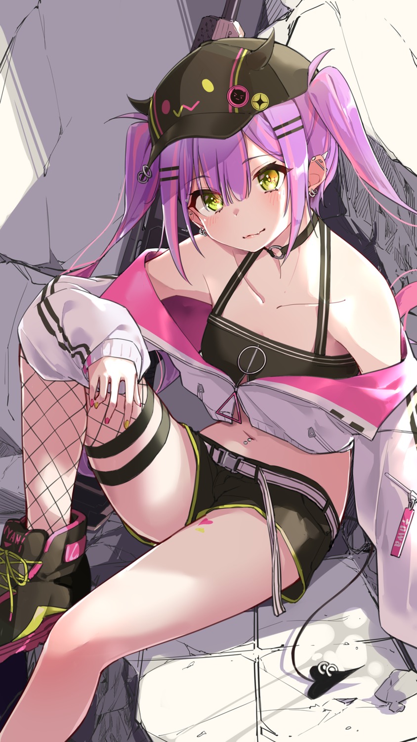 fishnets, garter, hololive, thighhighs, tokoyami_towa, yuyaiyaui