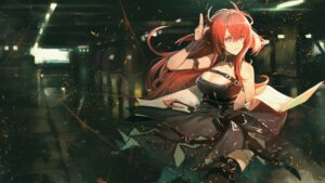 arknights, cleavage, dress, garter, horns, skirt_lift, surtr_(arknights), thighhighs