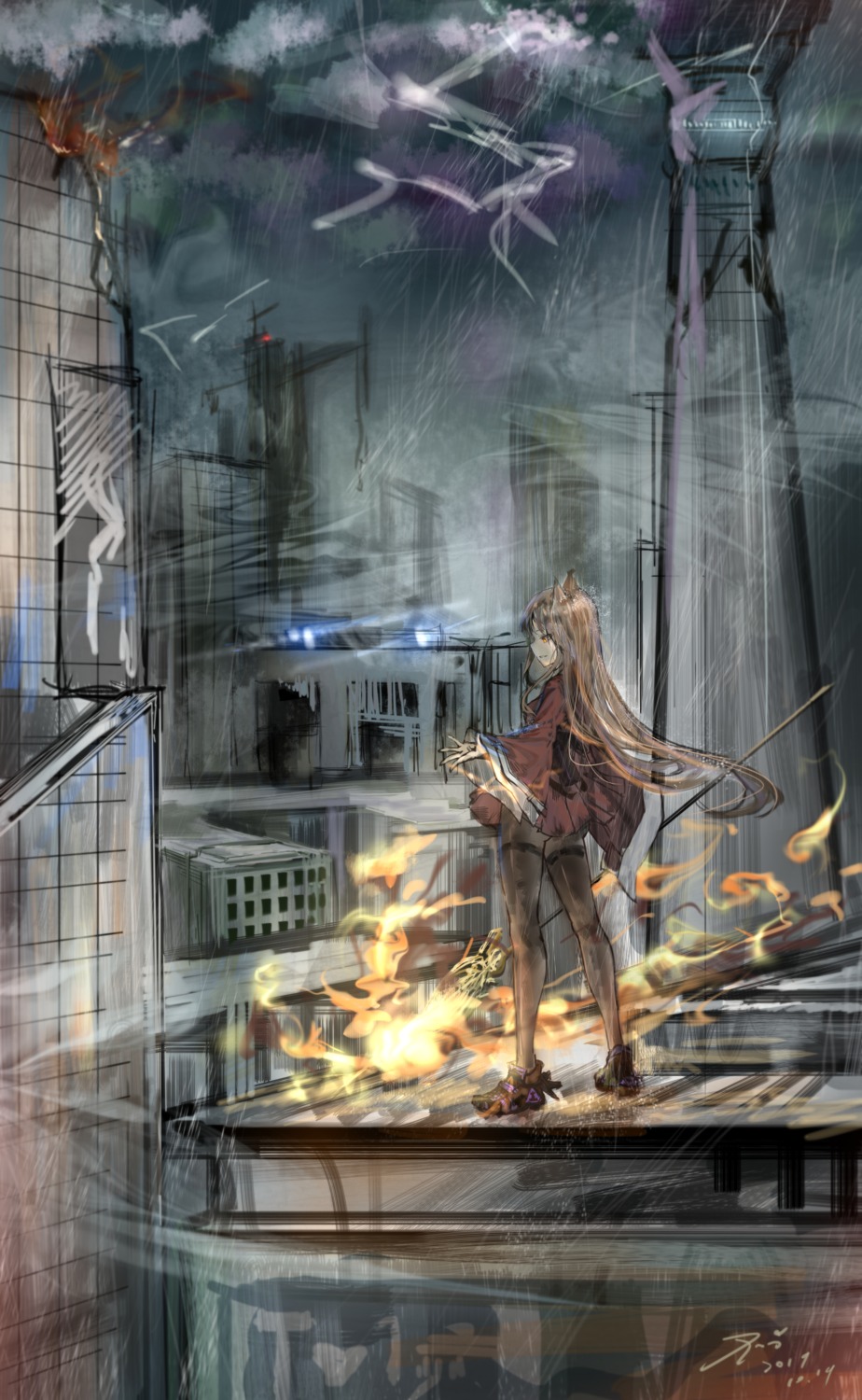 animal_ears, arknights, black_poi, dress, garter, landscape, nekomimi, pantyhose