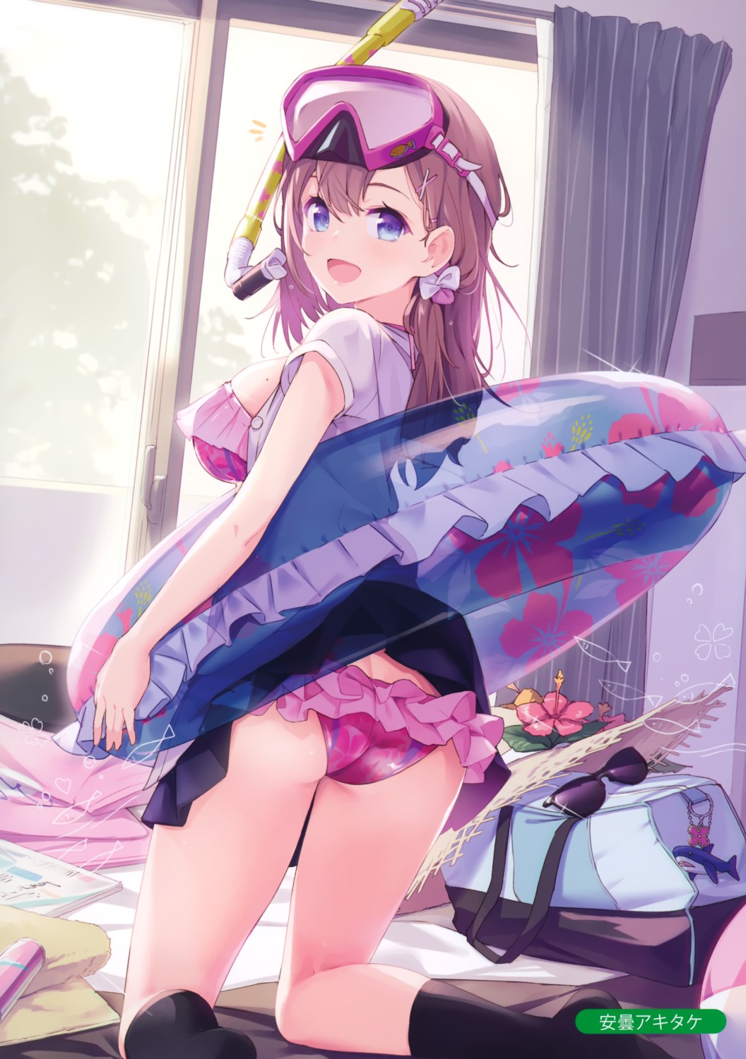 ass, azumi_akitake, bikini, melonbooks, open_shirt, seifuku, skirt_lift, swimsuits