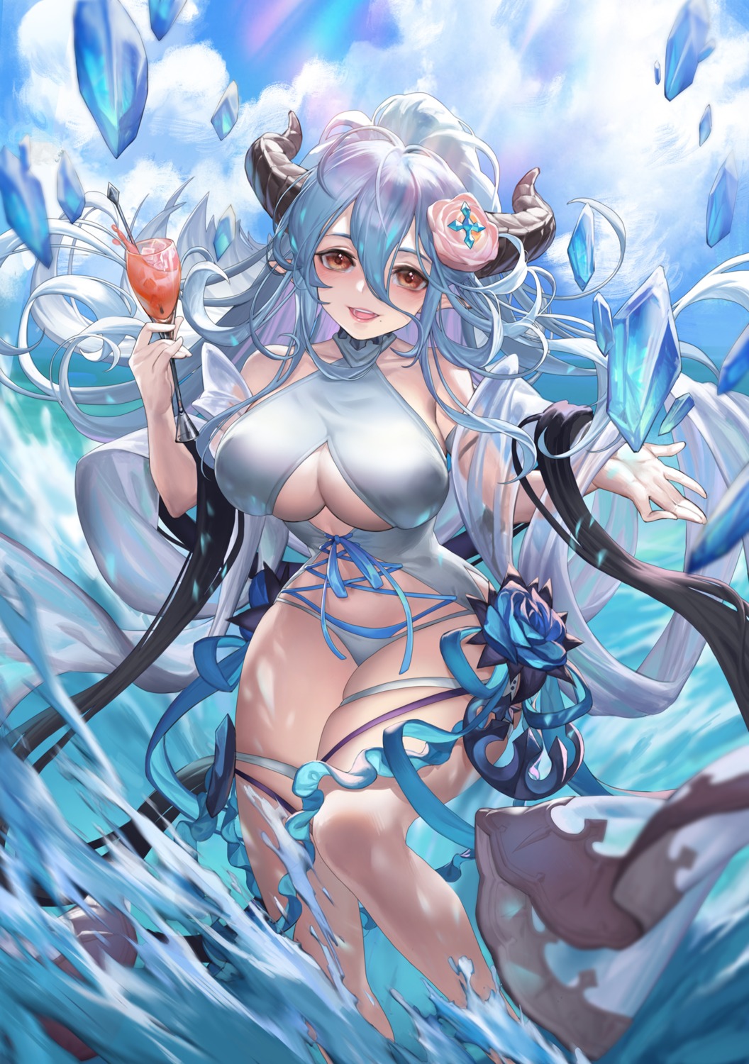 bikini, fengyin_shici_guozi, garter, granblue_fantasy, horns, izmir_(granblue_fantasy), pointy_ears, swimsuits