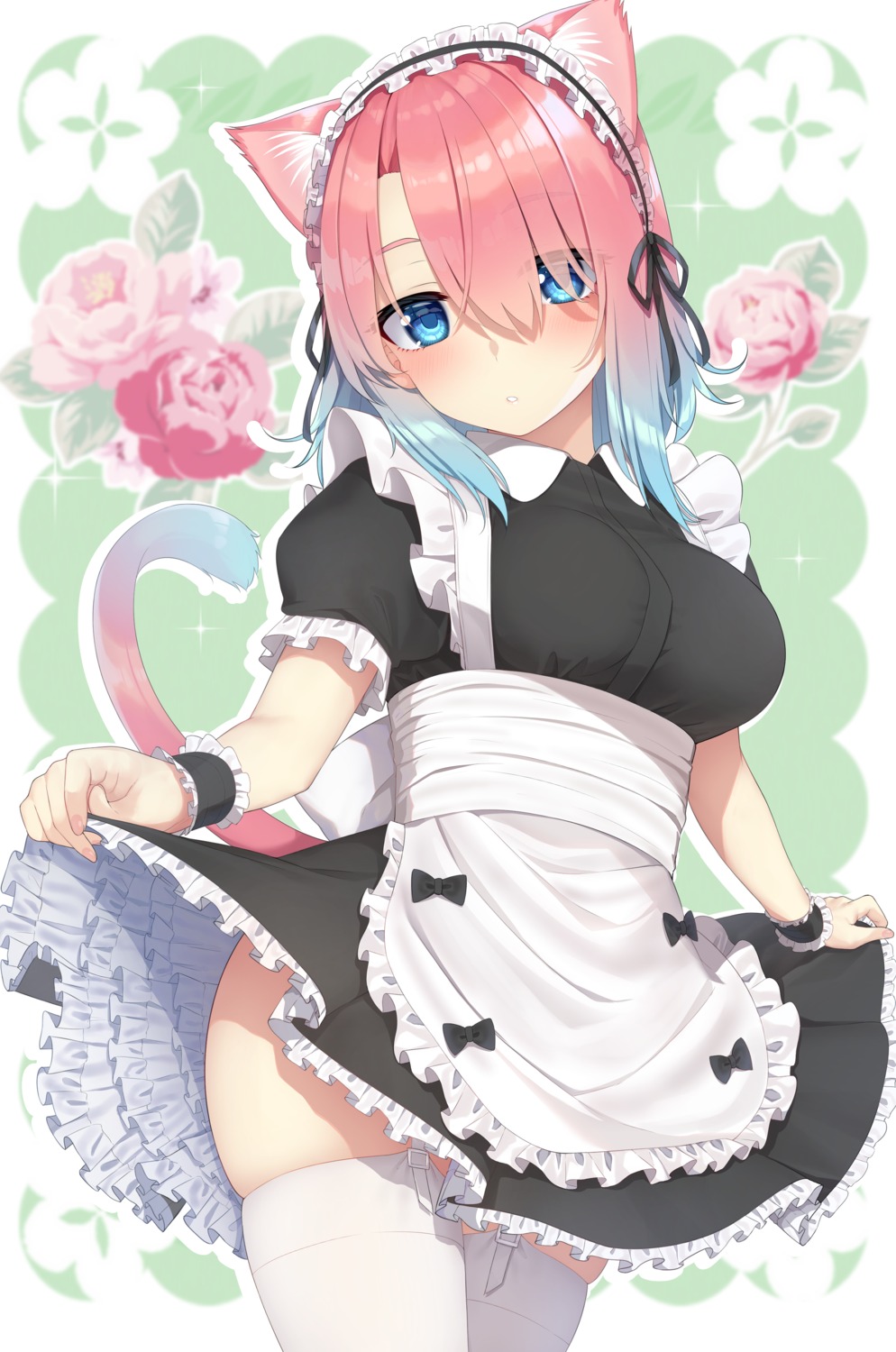 animal_ears, go-1, maid, miruku_(go-1), nekomimi, skirt_lift, stockings, tail