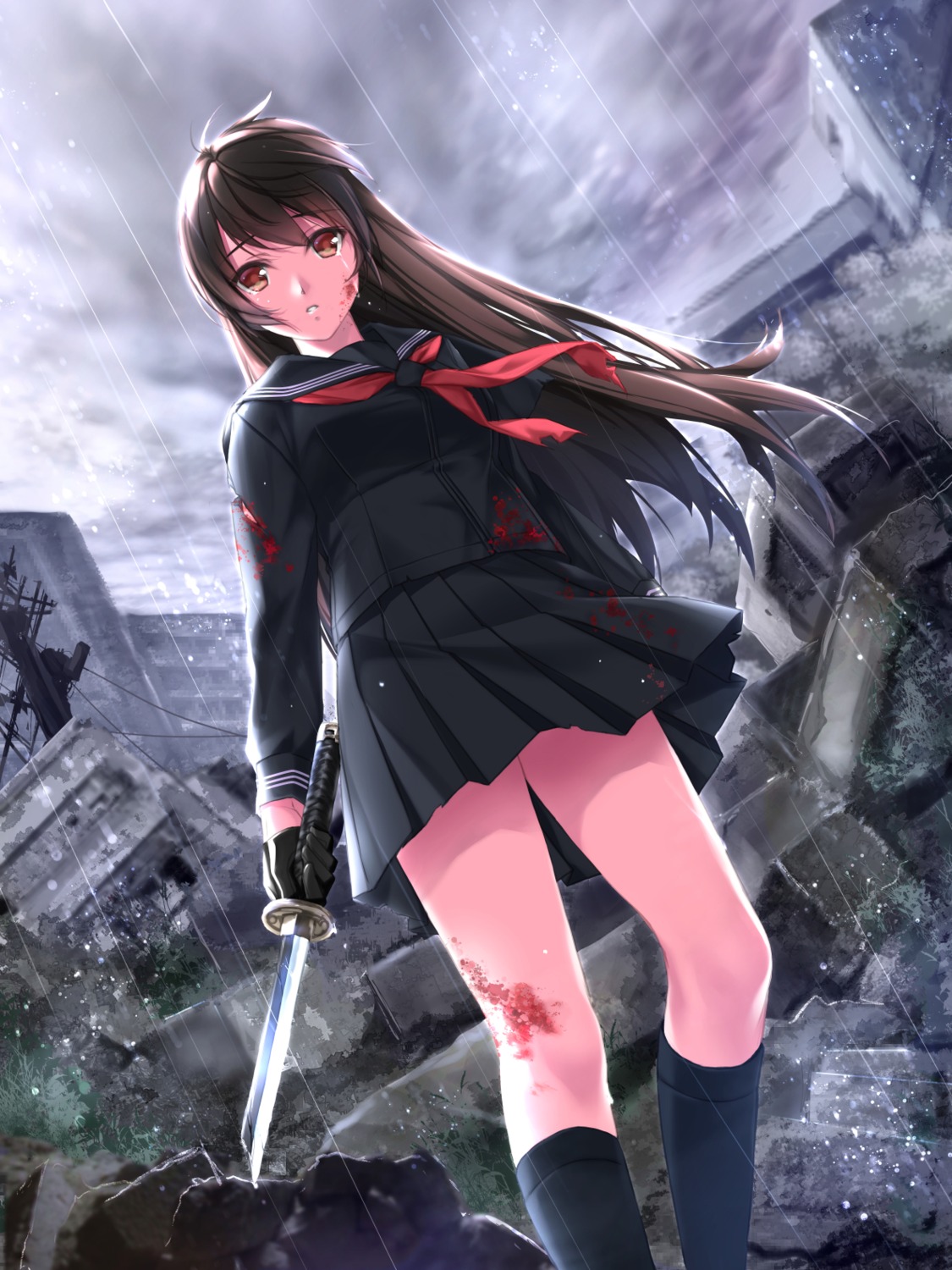 blood, nayuta69, seifuku, sword