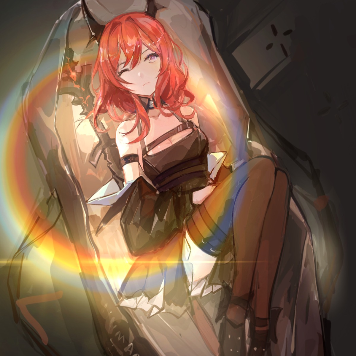 cleavage, garter, horns, qianzhu, skirt_lift, sword, thighhighs