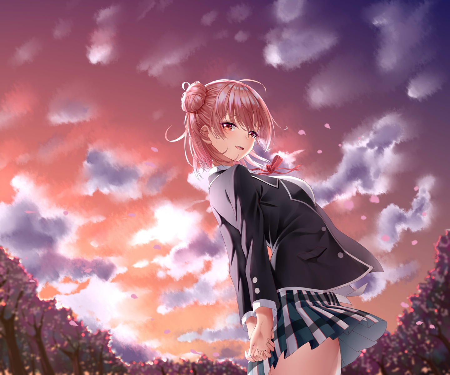 chitu_hefeng_zhong, seifuku, skirt_lift, yahari_ore_no_seishun_lovecome_wa_machigatteiru., yuigahama_yui