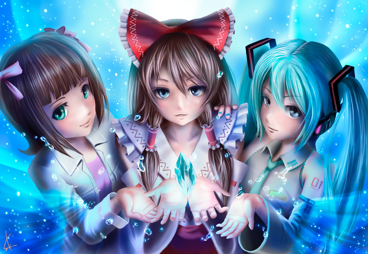 amami_haruka, hakurei_reimu, hatsune_miku, saku_(saku9595), the_idolm@ster, touhou, vocaloid