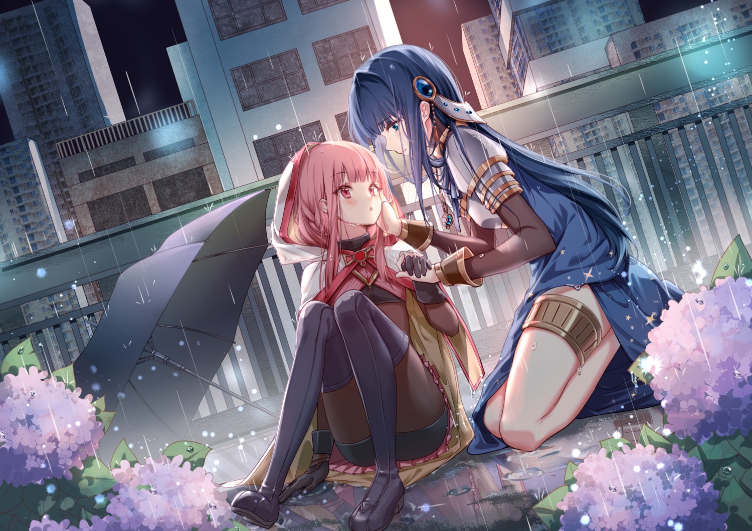 armor, bodysuit, clouble, dress, garter, magia_record:_mahou_shoujo_madoka_magica_gaiden, mahou_shoujo_madoka_magica, nanami_yachiyo, tamaki_iroha, thighhighs, umbrella, wet, yuri