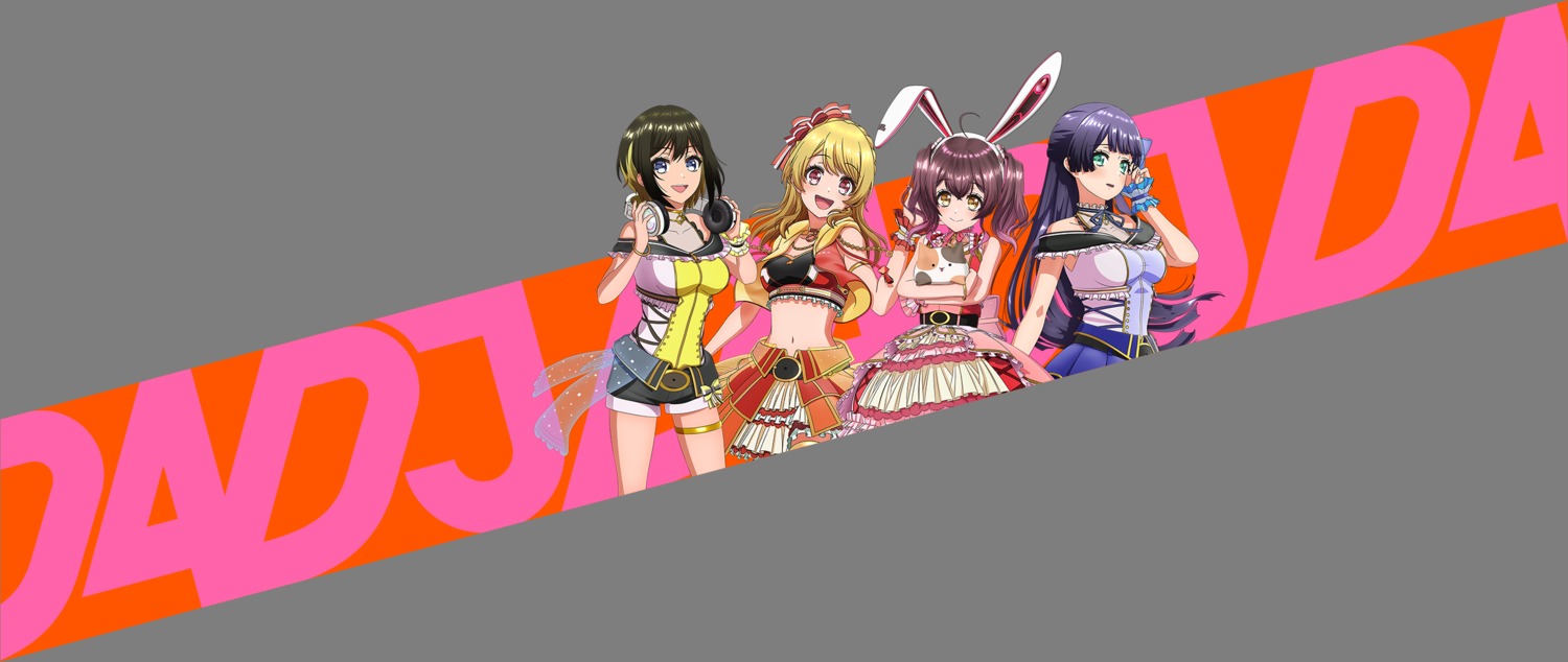 aimoto_rinku, akashi_maho, animal_ears, bunny_ears, d4dj, garter, headphones, oonaruto_muni