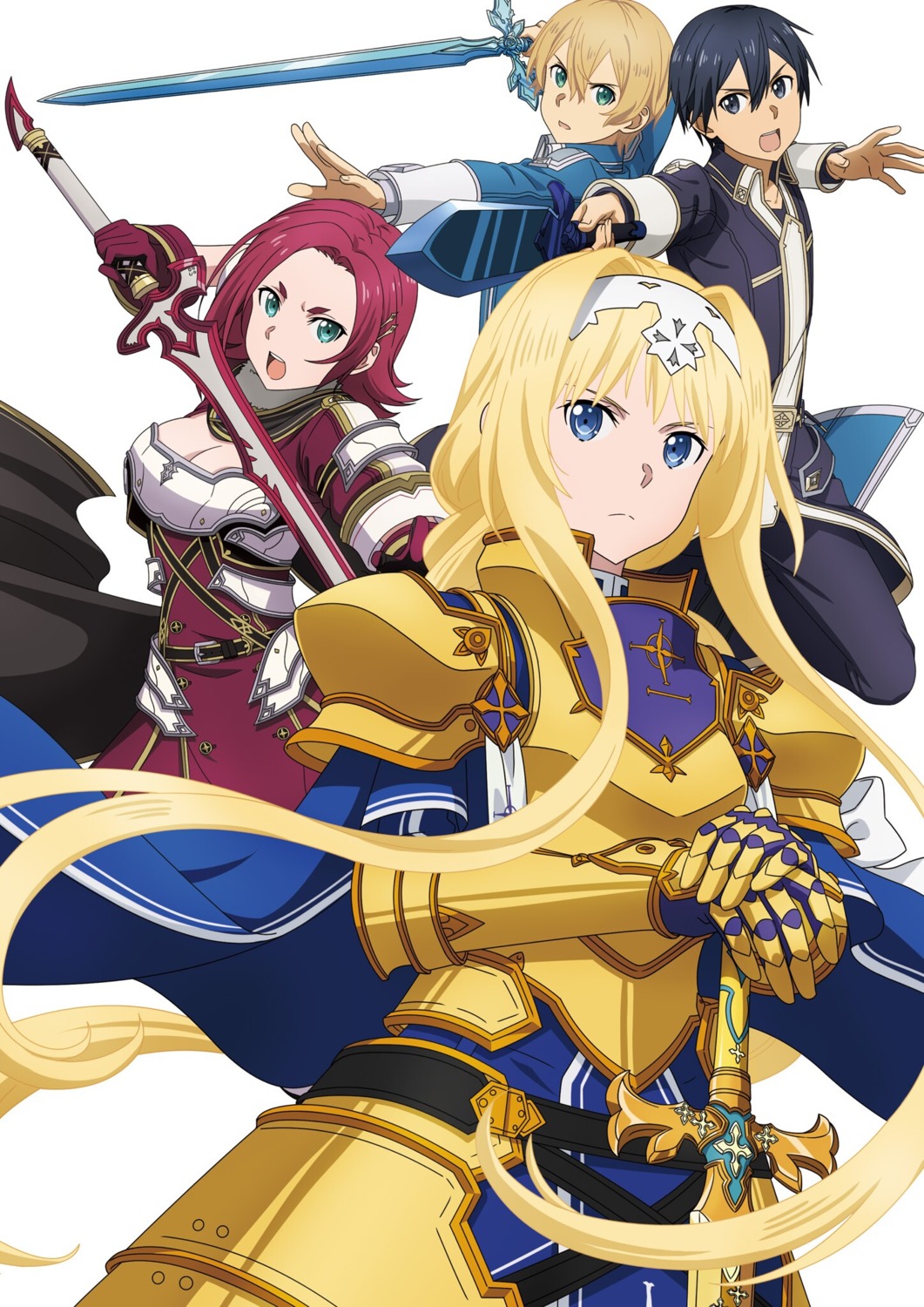alice_zuberg, armor, cleavage, dress, eugeo, kirito, medina_orthinanos, sword