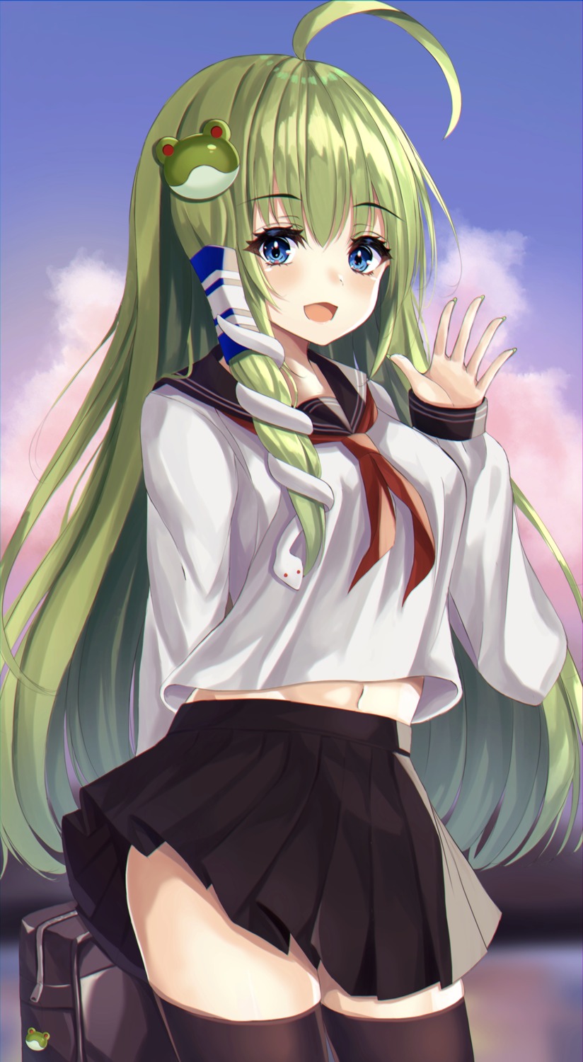 kochiya_sanae, kure:kuroha, seifuku, skirt_lift, thighhighs, touhou