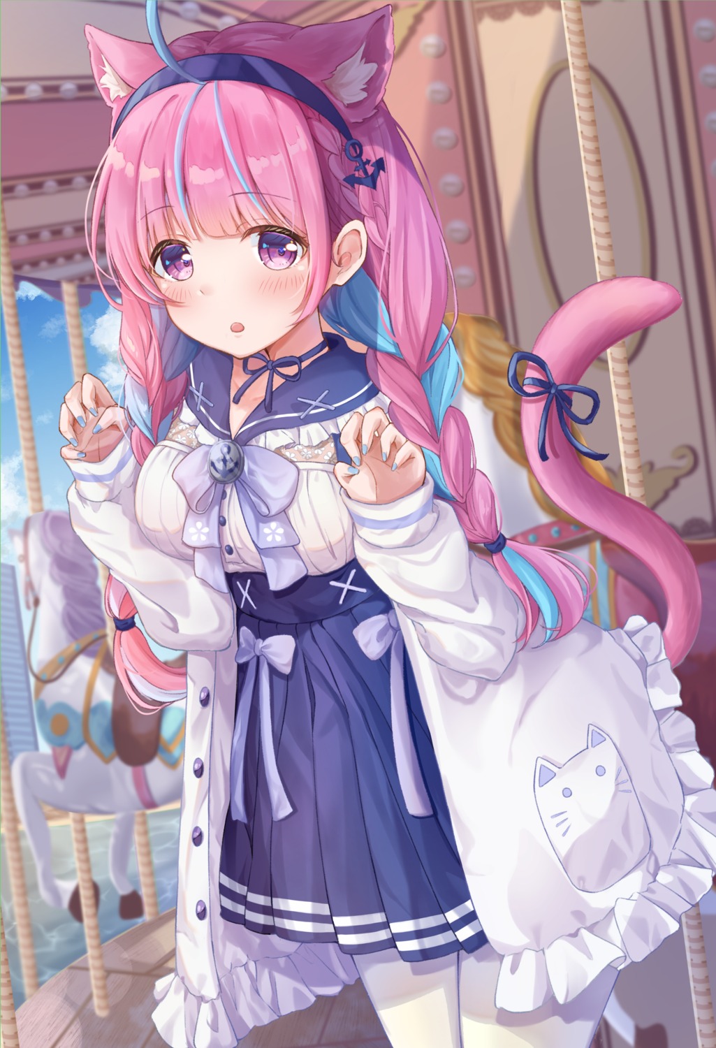 animal_ears, hololive, minato_aqua, nayuuchan, nekomimi, pantyhose, seifuku, tail