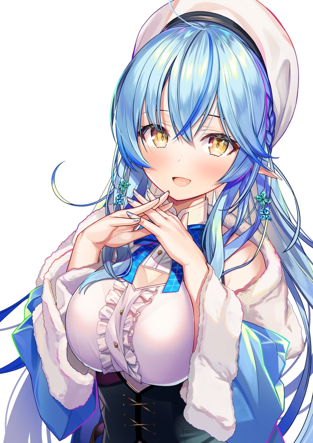 atori_(at-yui), breast_hold, cleavage, elf, hololive, pointy_ears, yukihana_lamy