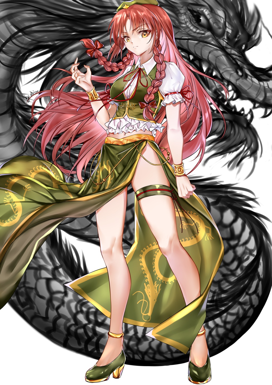 arisu_(wangyunqiu), garter, heels, hong_meiling, monster, skirt_lift, touhou