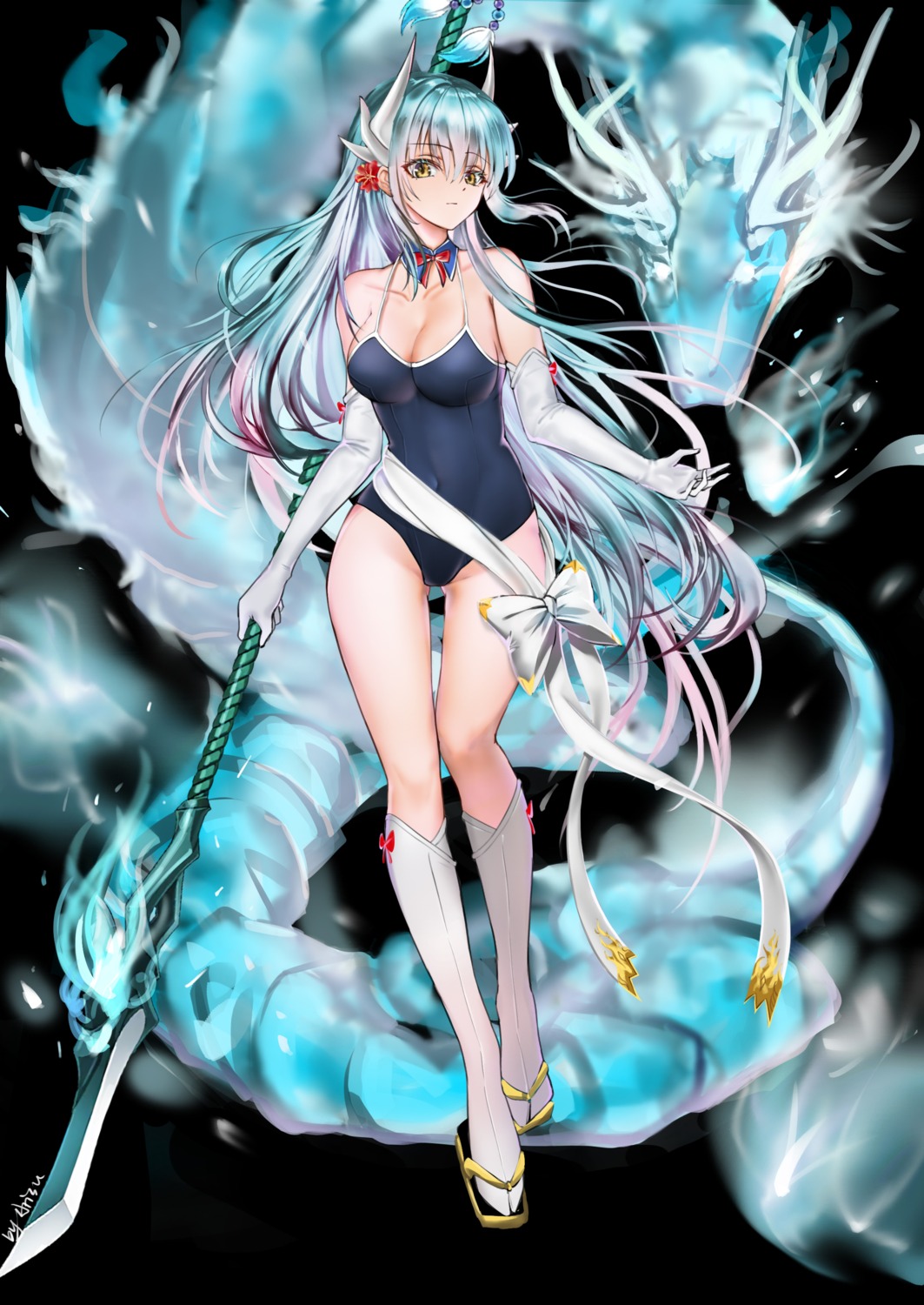 arisu_(wangyunqiu), fate/grand_order, horns, kiyohime_(fate), monster, school_swimsuit, swimsuits, weapon