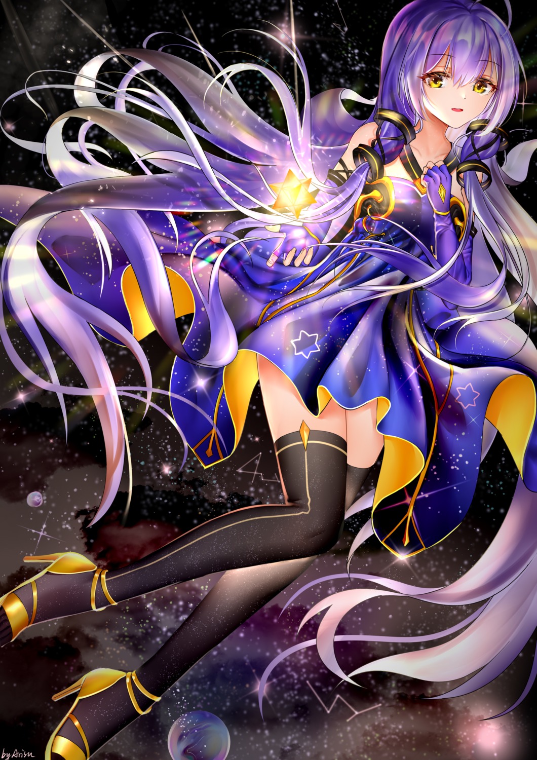arisu_(wangyunqiu), dress, heels, skirt_lift, stardust_(vocaloid), thighhighs, vocaloid