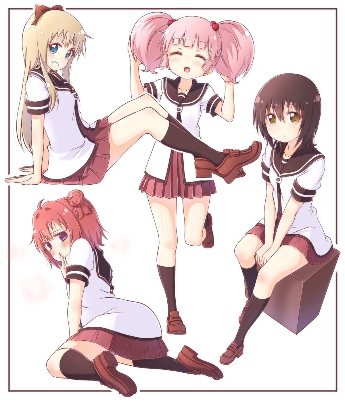 akaza_akari, funami_yui, pontasu, seifuku, skirt_lift, toshinou_kyouko, yoshikawa_chinatsu, yuru_yuri
