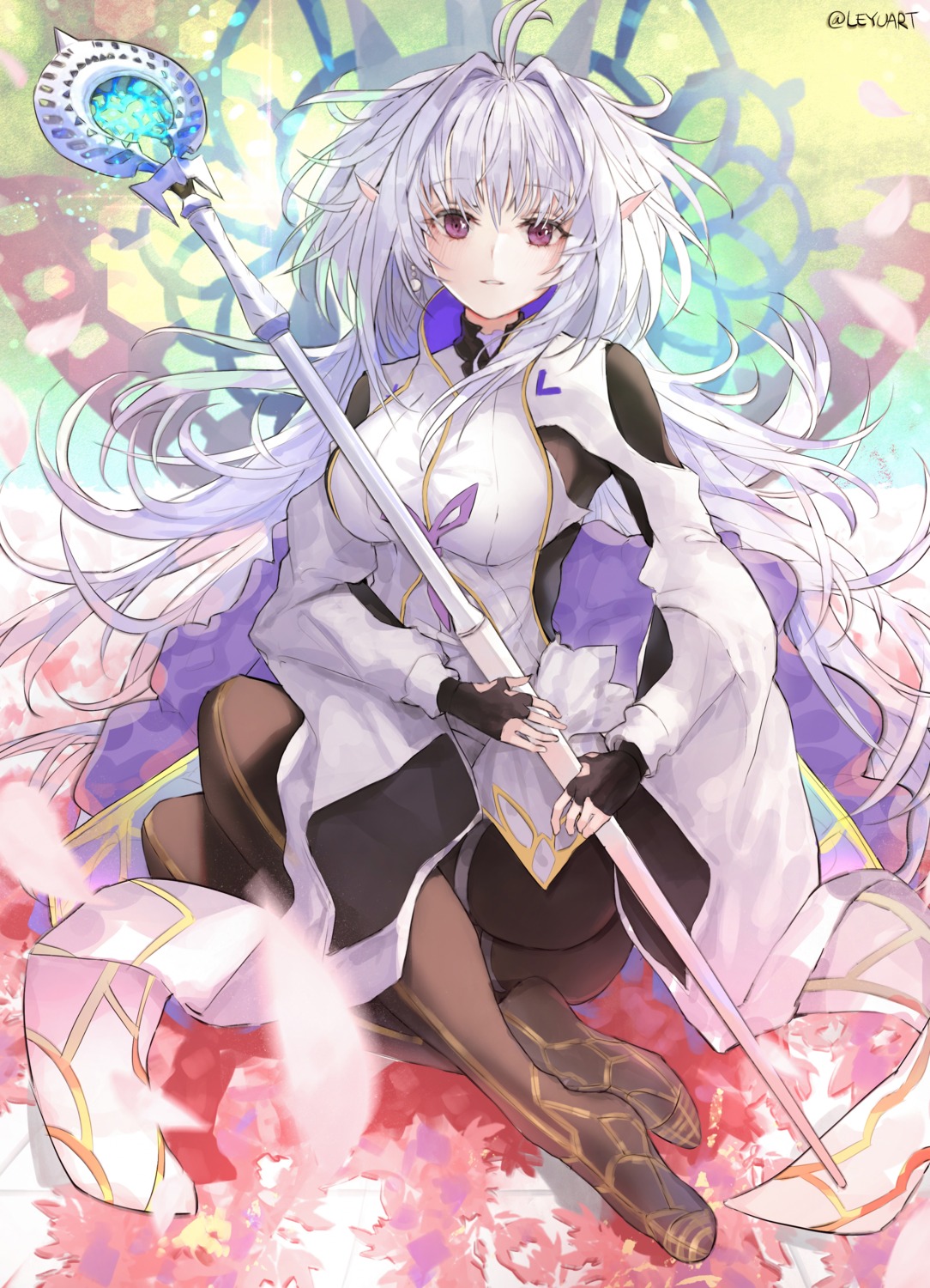 ass, bodysuit, fate/grand_order_arcade, garter, leyu, merlin_(fate/prototype), pointy_ears, weapon