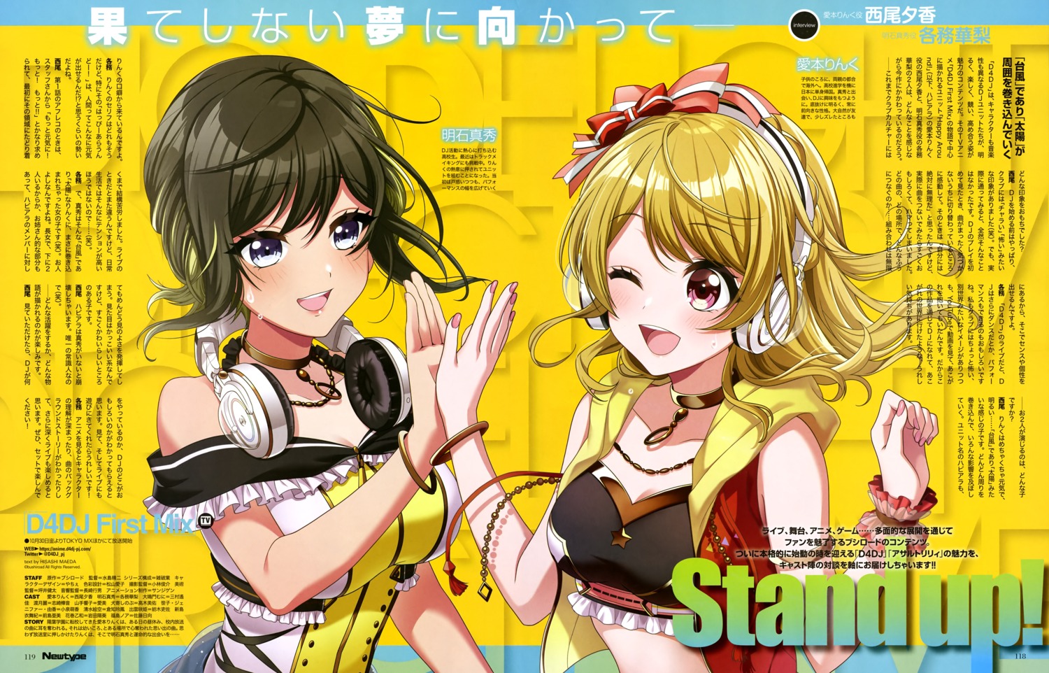 aimoto_rinku, akashi_maho, cleavage, d4dj, headphones, maeda_hisashi, open_shirt